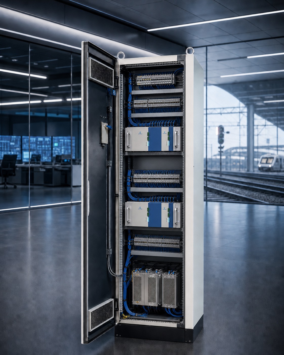 Konzeptvisualisierung eines ETENAR Schaltschranks mit modularen blau-weißen Baugruppenträgern